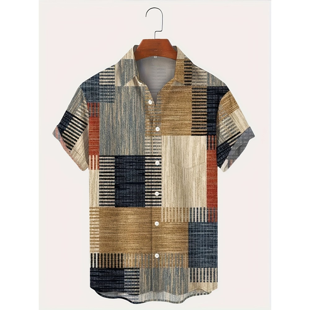 Vintage Geometric Pattern Men's Short Sleeve Button Down Shirt, Summer Holiday Top