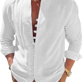 Men's Casual Solid Button Up Long Sleeve Shirt, Men's Clothes For Spring Summer Autumn, Tops For Men