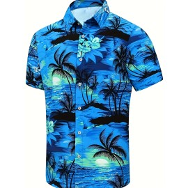 Men's Hawaiian Palm Tree V-Neck Shirt - Casual Short Sleeve Button Down Tee for Summer