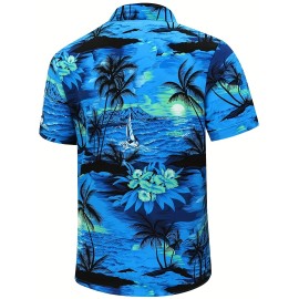 Men's Hawaiian Palm Tree V-Neck Shirt - Casual Short Sleeve Button Down Tee for Summer