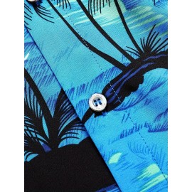 Men's Hawaiian Palm Tree V-Neck Shirt - Casual Short Sleeve Button Down Tee for Summer