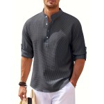 Solid Lapel Shirt, Men's Casual V-Neck Pullover Long Sleeve  Shirt For Spring Autumn, Men's Clothing