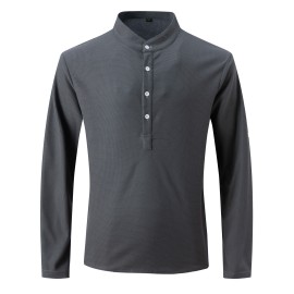 Solid Lapel Shirt, Men's Casual V-Neck Pullover Long Sleeve  Shirt For Spring Autumn, Men's Clothing