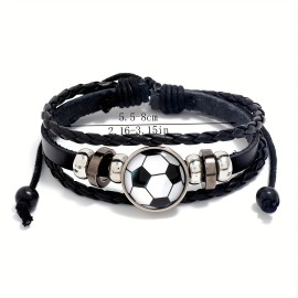 1pc Fashion Trendy Jewelry, Cool Beaded Football Fan Pu Leather Bracelet, Memorial Gift Sports Bracelet For Men Women