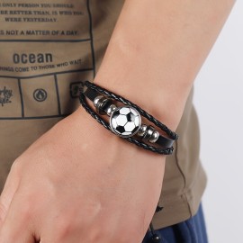 1pc Fashion Trendy Jewelry, Cool Beaded Football Fan Pu Leather Bracelet, Memorial Gift Sports Bracelet For Men Women