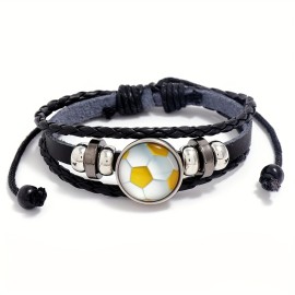 1pc Fashion Trendy Jewelry, Cool Beaded Football Fan Pu Leather Bracelet, Memorial Gift Sports Bracelet For Men Women