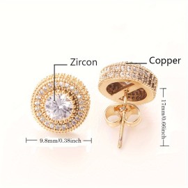 1pair Hip Hop 18K Golden Plated Round Cubic Zirconia Stud Earrings For Men