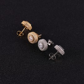 1pair Hip Hop 18K Golden Plated Round Cubic Zirconia Stud Earrings For Men