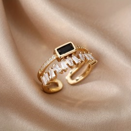 Boho Style Double Layer Copper Ring, 18k Gold Plated Zircon Open Ring Jewelry For Men And Women