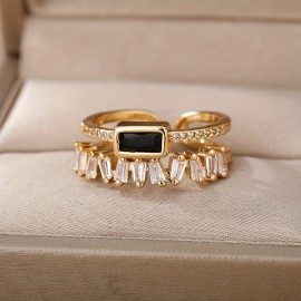 Boho Style Double Layer Copper Ring, 18k Gold Plated Zircon Open Ring Jewelry For Men And Women