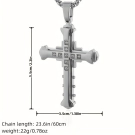 1pc Titanium Steel Cross Pendant Necklace With Zircon Inlaid For Men, Classic Jewelry, Holiday Gift