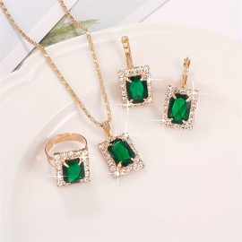 1 Necklace + 1 Pair Of Earrings + 1 Ring Elegant Jewelry Set Classy Rectangular Design Paved Emerald Zirconia Match Daily Outfits Party Accessories