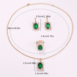 1 Necklace + 1 Pair Of Earrings + 1 Ring Elegant Jewelry Set Classy Rectangular Design Paved Emerald Zirconia Match Daily Outfits Party Accessories