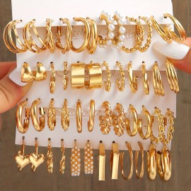 24 Pairs Golden Hoop Earrings Set Elegant Simple Style Zinc Alloy Jewelry Daily Wear Accessories Female Trendy Gift