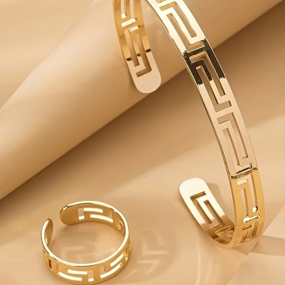 1 Ring + 1 Bangle Minimalist Style Jewelry Set 18k Gold Plated Chic Hollow Design Suitable For Men And Women Match Daily Outfits