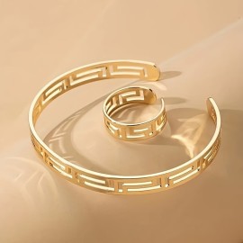 1 Ring + 1 Bangle Minimalist Style Jewelry Set 18k Gold Plated Chic Hollow Design Suitable For Men And Women Match Daily Outfits