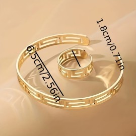 1 Ring + 1 Bangle Minimalist Style Jewelry Set 18k Gold Plated Chic Hollow Design Suitable For Men And Women Match Daily Outfits