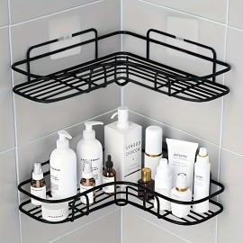 1pc Bathroom Storage Rack Bathroom Punch Corner Frame Shower Shelf, White/Black Non Punch Bathroom Tripod With 2 Seamless Stickers Wall Mounted Bathroom Vanity Shelf Kitchen Bathroom Organization And Storage