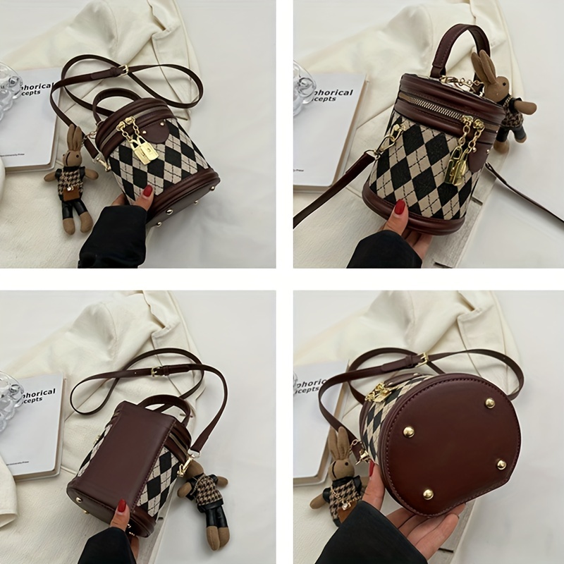 mini argyle pattern handbag, mini argyle pattern handbag fashion cylinder bucket purse womens crossbody bag with bunny doll 6 24 5 46 4 68 inch details 6