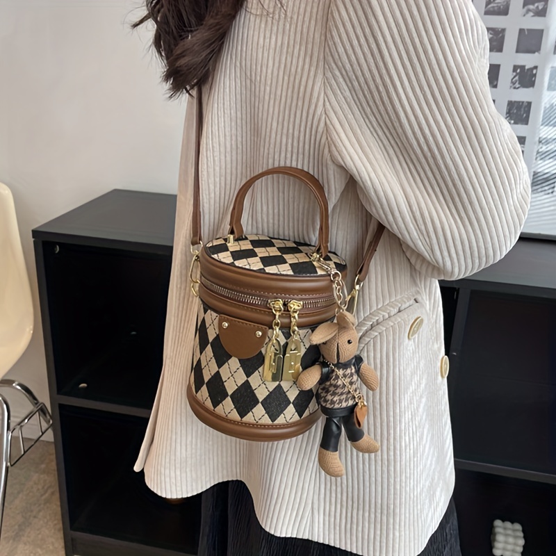 mini argyle pattern handbag, mini argyle pattern handbag fashion cylinder bucket purse womens crossbody bag with bunny doll 6 24 5 46 4 68 inch details 7