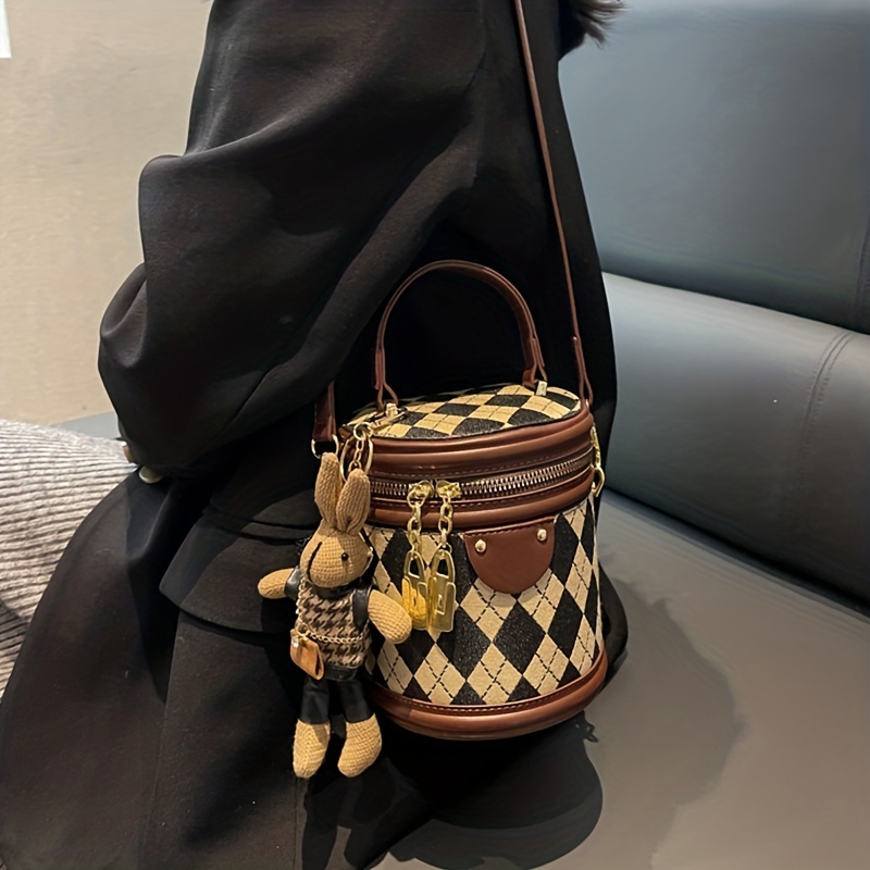 mini argyle pattern handbag, mini argyle pattern handbag fashion cylinder bucket purse womens crossbody bag with bunny doll 6 24 5 46 4 68 inch details 8