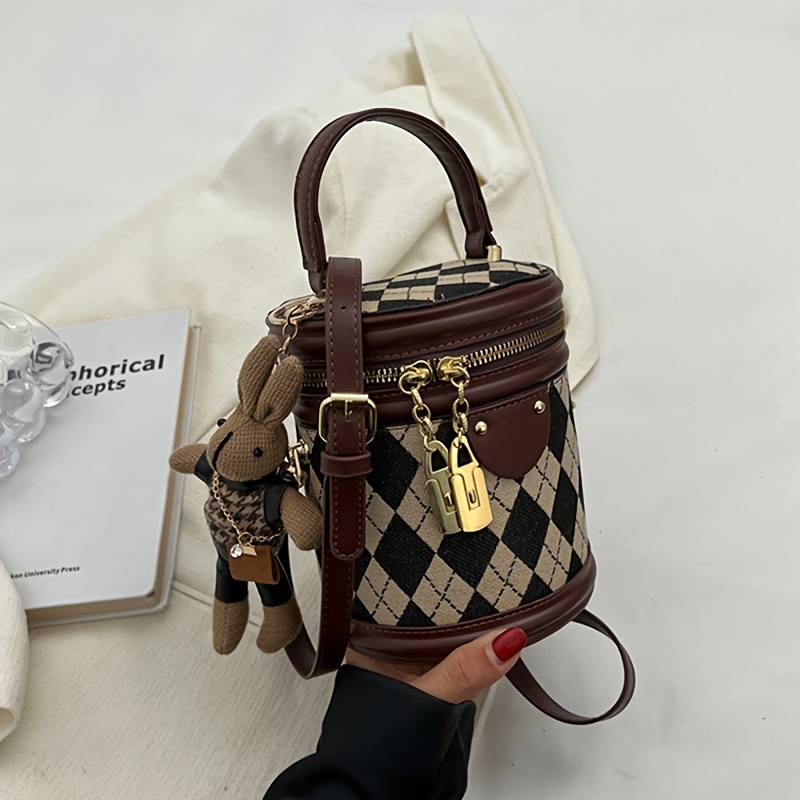 mini argyle pattern handbag, mini argyle pattern handbag fashion cylinder bucket purse womens crossbody bag with bunny doll 6 24 5 46 4 68 inch details 9