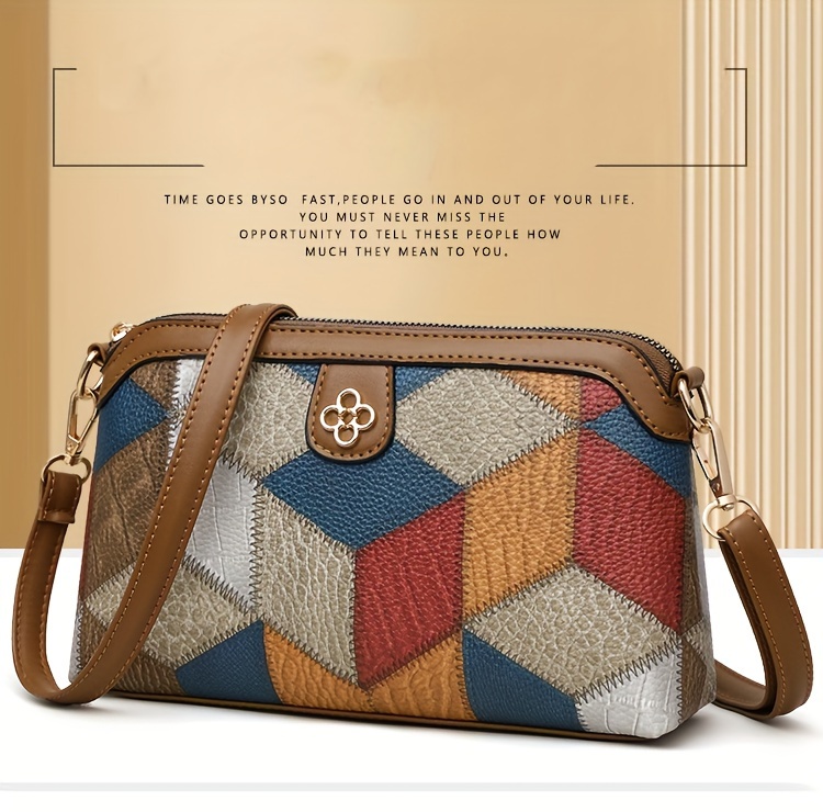 argyle pattern crossbody bag vintage colorblock shoulder bag womens every day purse with zipper details 0