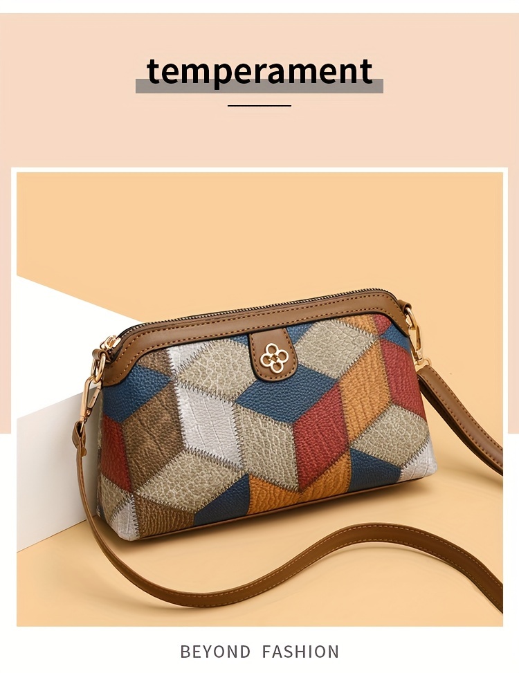 argyle pattern crossbody bag vintage colorblock shoulder bag womens every day purse with zipper details 2