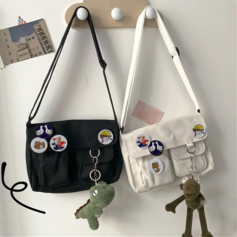 simple canvas crossbody bag multi pockets shoulder bag large flap messenger bag for school details 1