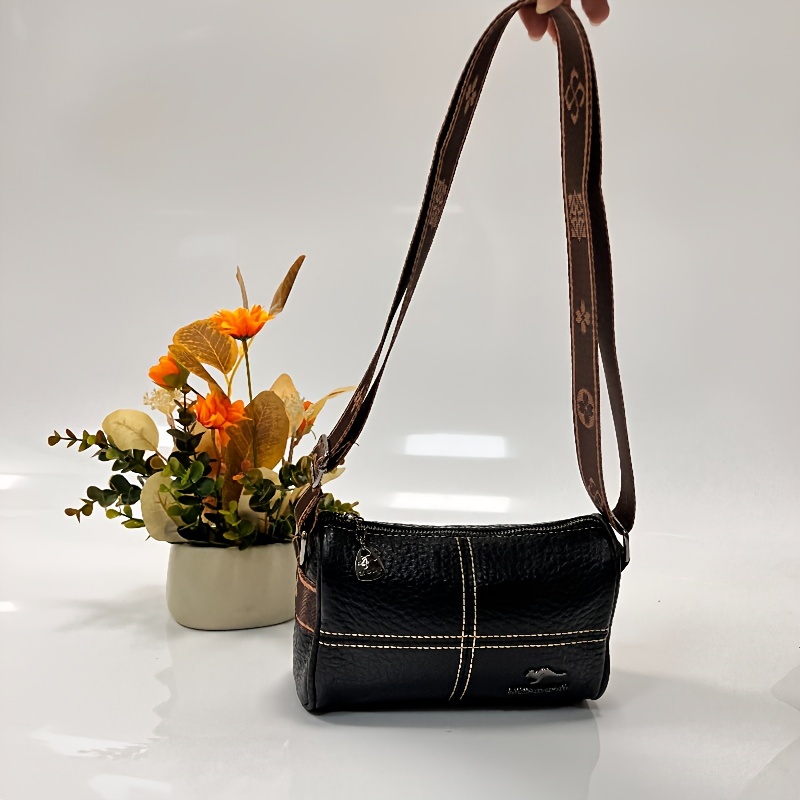 genuine leather crossbody bag wide shoulder strap cylinder purse fashion stitching shoulder bag for women details 6