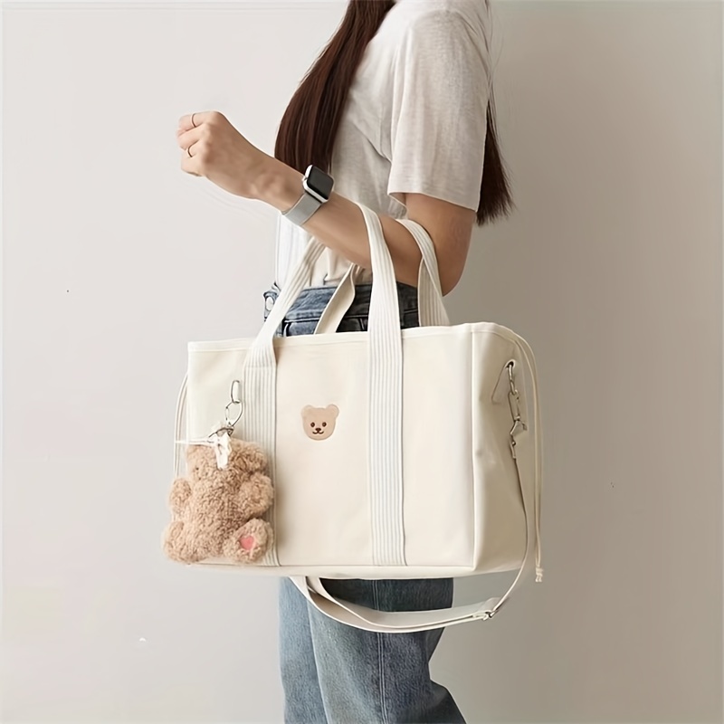 cartoon bear canvas handbag, cartoon bear canvas handbag cute embroidery crossbody bag lightweight multi pockets mommy bag details 5