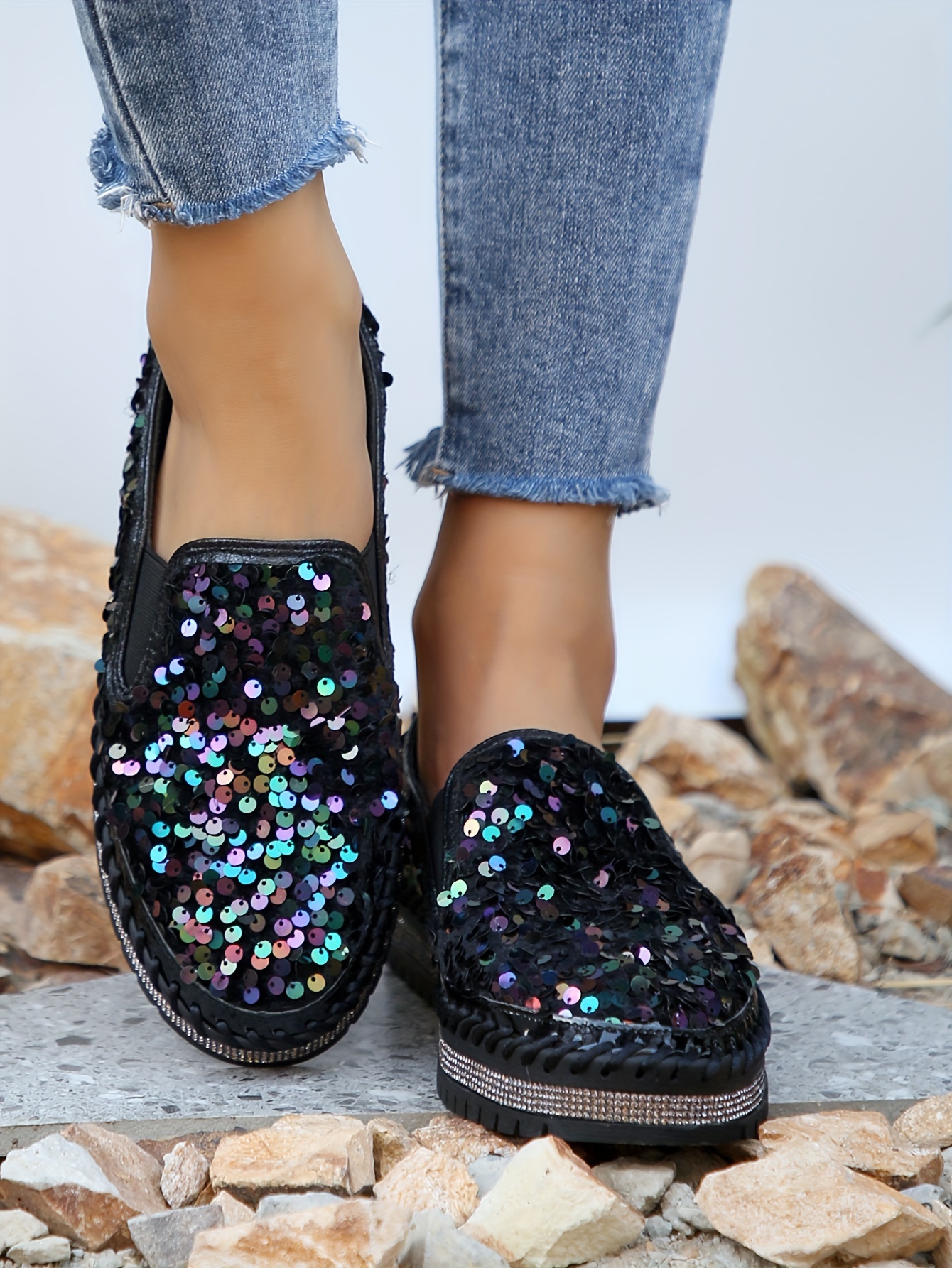 womens sequins flat shoes fashion round toe slip on shoes stylish low top sneakers details 14