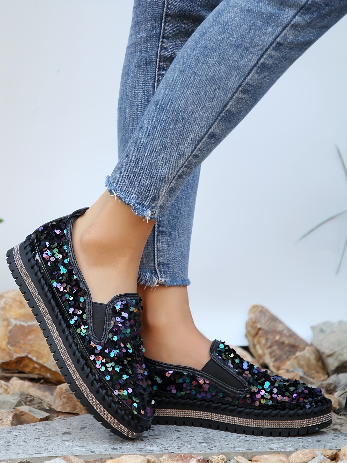 womens sequins flat shoes fashion round toe slip on shoes stylish low top sneakers details 15