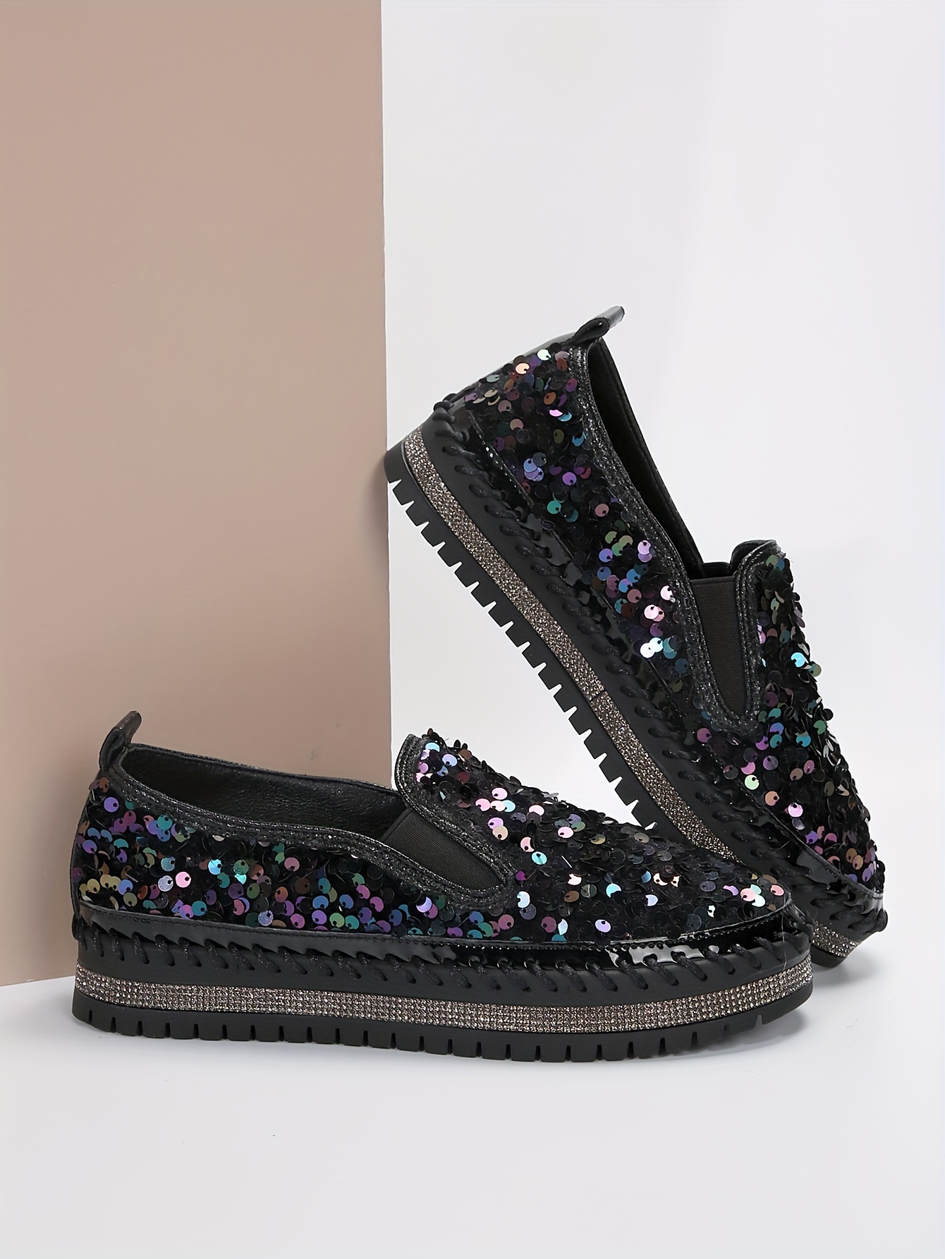 womens sequins flat shoes fashion round toe slip on shoes stylish low top sneakers details 16