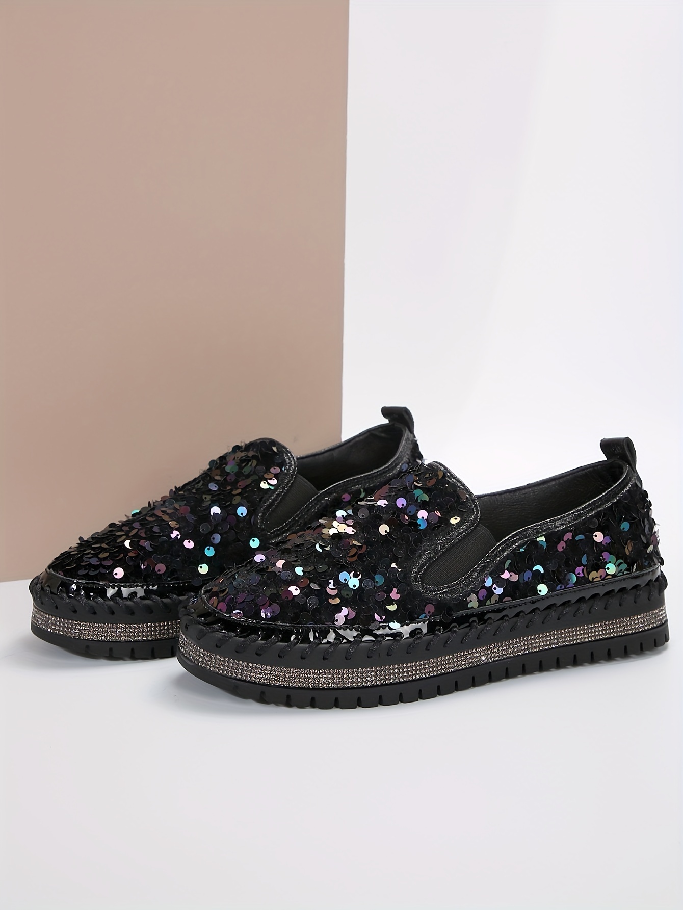 womens sequins flat shoes fashion round toe slip on shoes stylish low top sneakers details 17