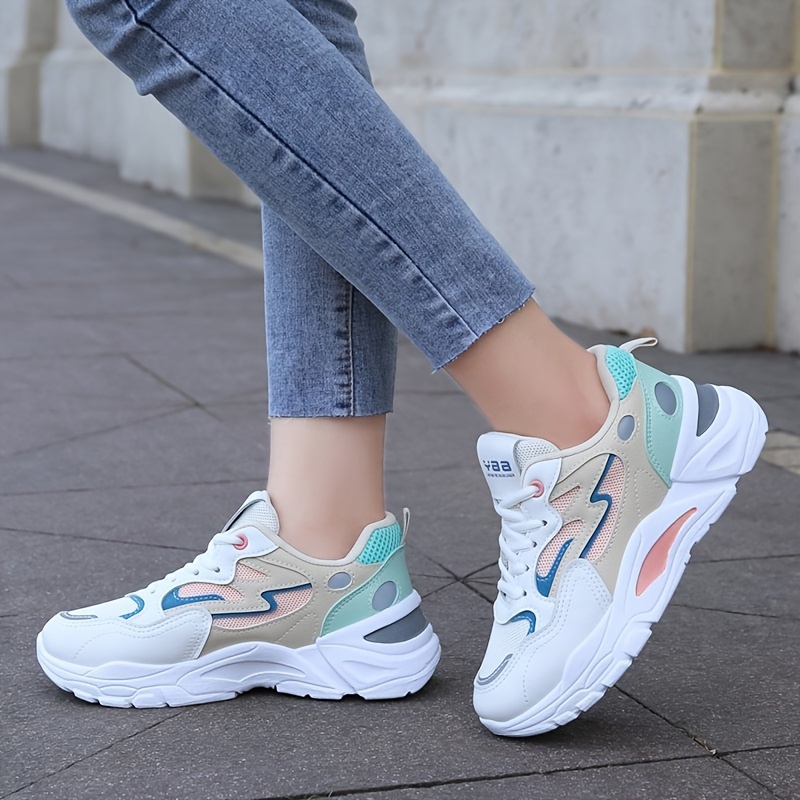 colorblock mesh sneakers, womens colorblock mesh sneakers lace up breathable casual sporty trainers platform low top running shoes details 4