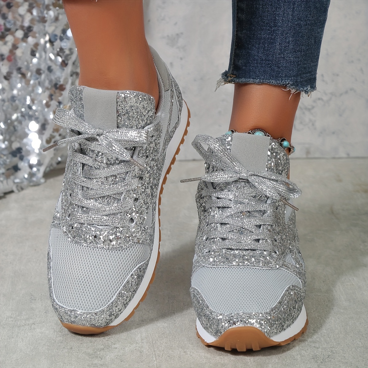 womens solid color casual sneakers lace up sequins pattern breathable comfy trainers low top sporty shoes details 1