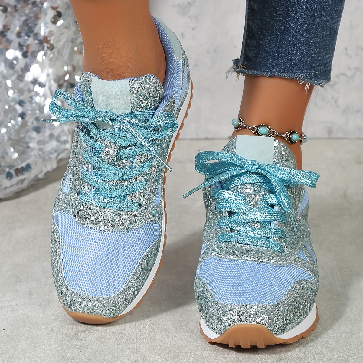 womens solid color casual sneakers lace up sequins pattern breathable comfy trainers low top sporty shoes details 5