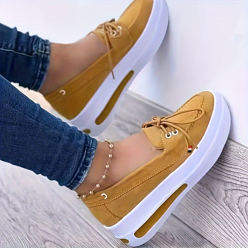 womens solid color comfy sneakers lace up platform round toe shoes versatile low wedge casual shoes details 3