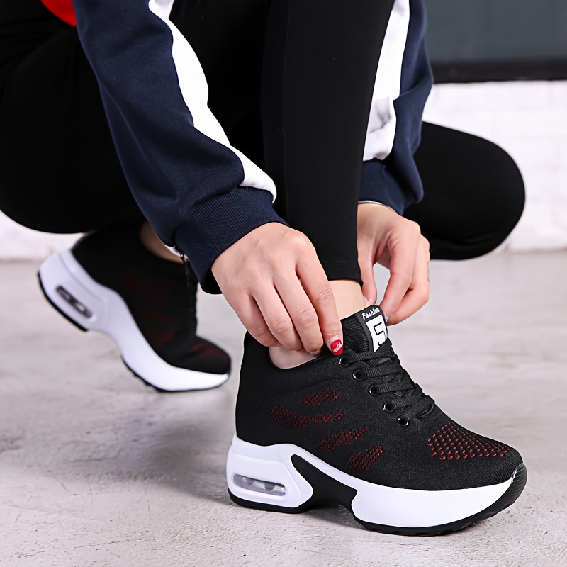 womens solid color knitted sneakers lace up comfy platform air cushion soft sole shoes versatile low top heightening shoes details 1