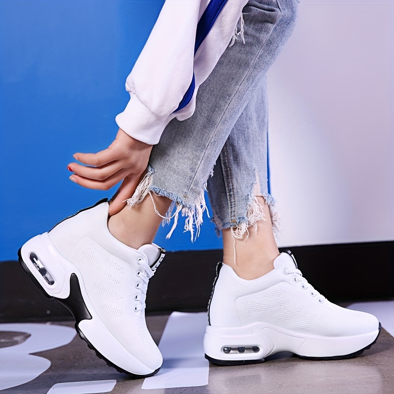 womens solid color knitted sneakers lace up comfy platform air cushion soft sole shoes versatile low top heightening shoes details 5