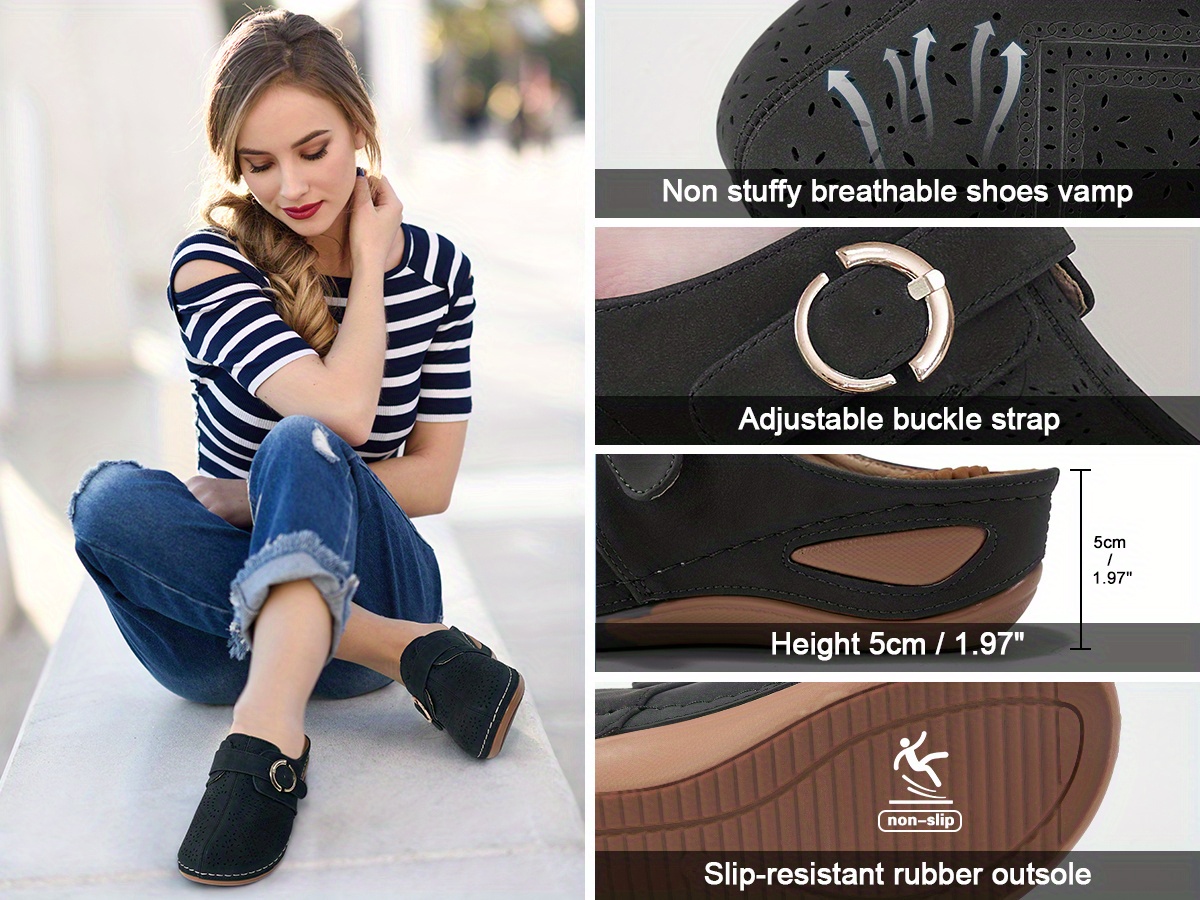 womens trendy wedge clogs closed toe hollow out buckle strap decor mules casual outdoor slide sandals details 2