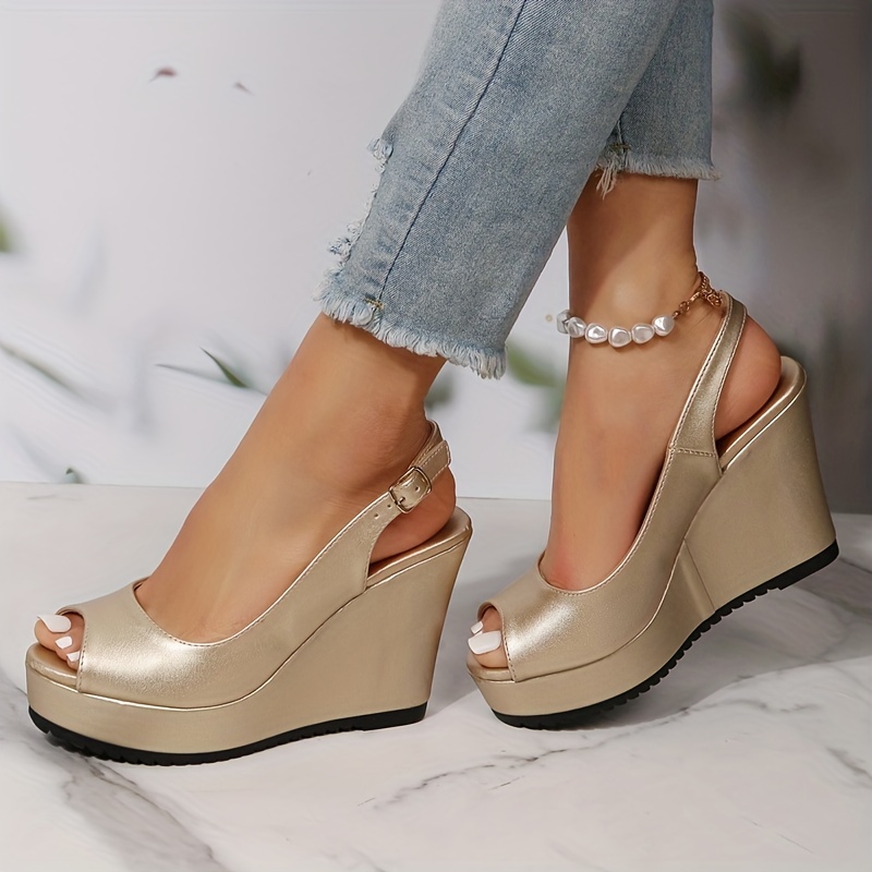 womens solid color wedge sandals trendy peep toe buckle strap shoes fashion slingback sandals details 0