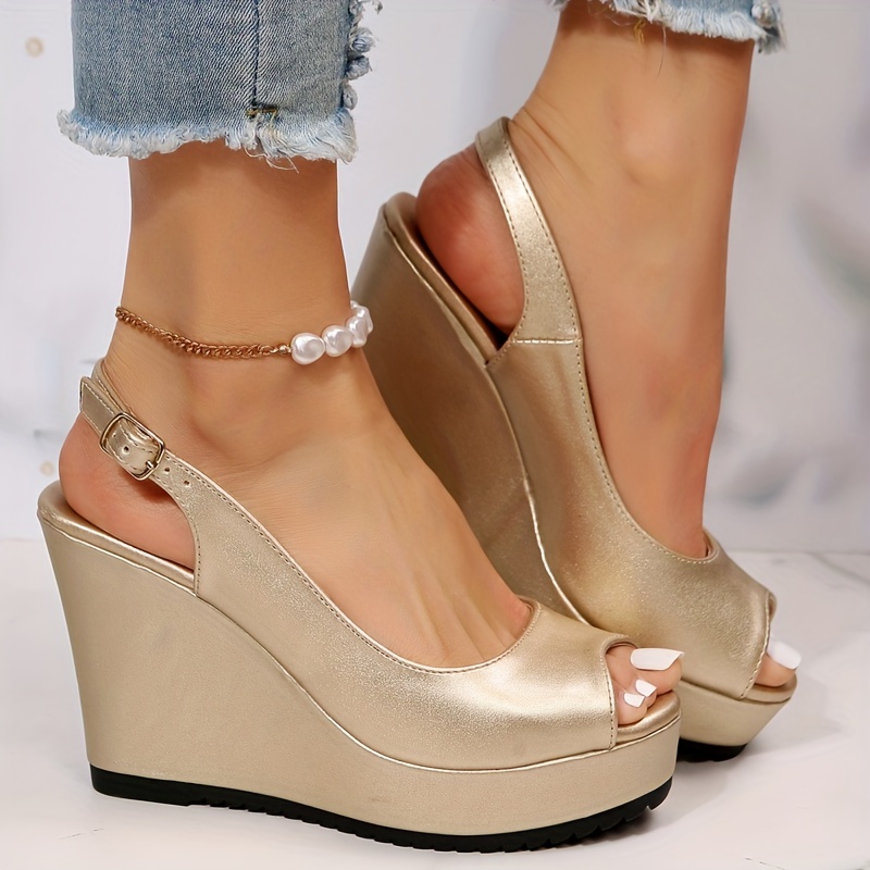 womens solid color wedge sandals trendy peep toe buckle strap shoes fashion slingback sandals details 1