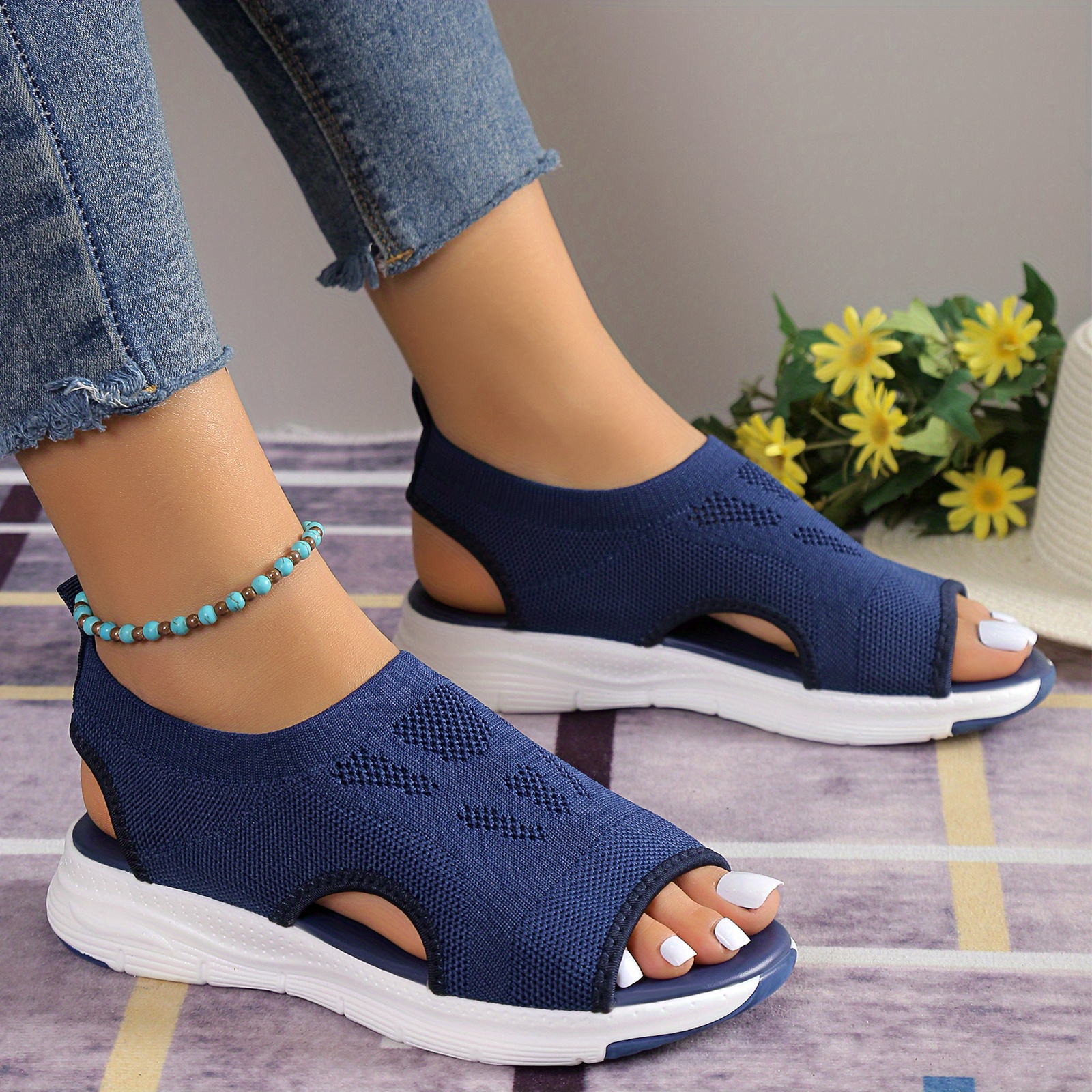 womens knitted cut out sandals solid color open toe slip on shoes lightweight wedge shoes details 8