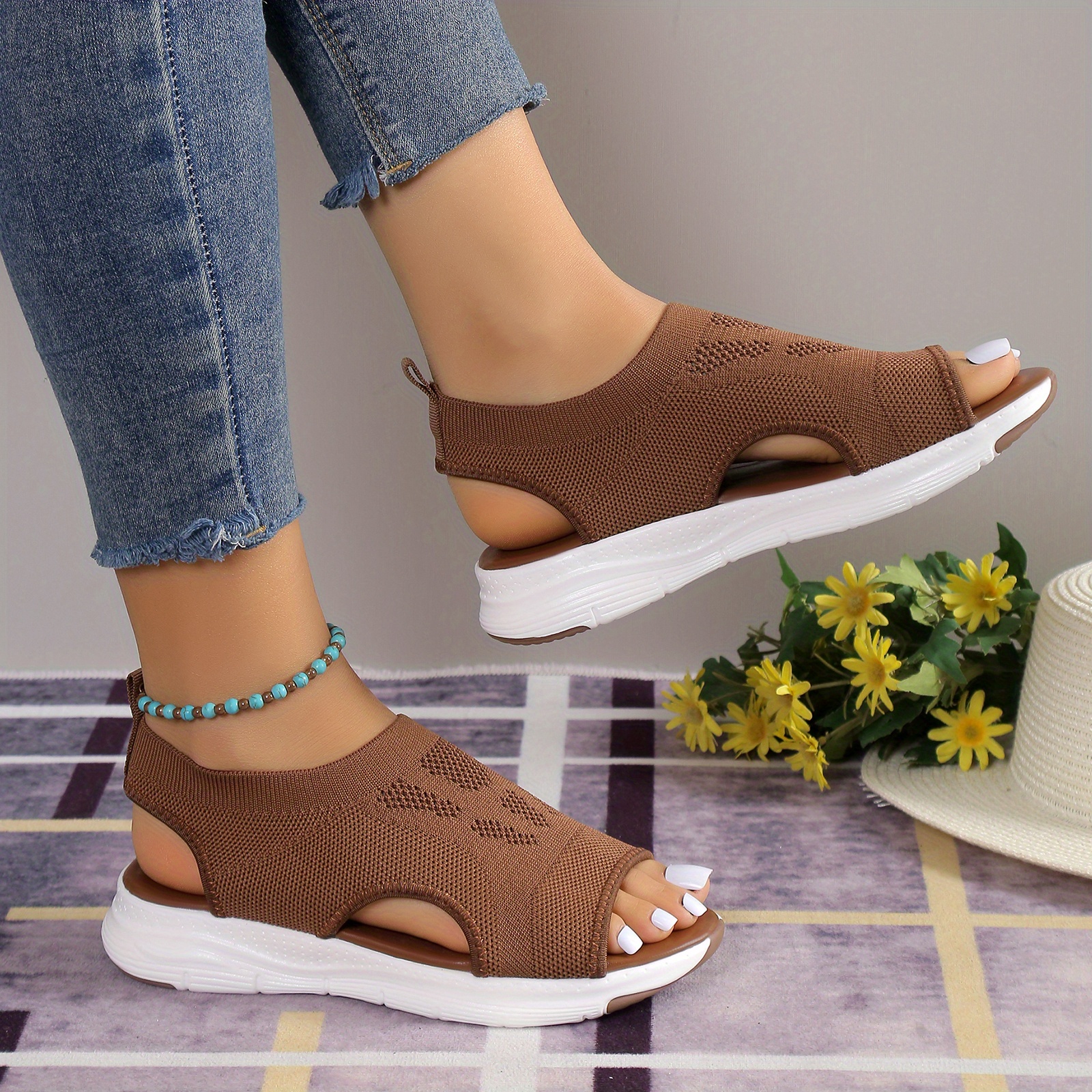 womens knitted cut out sandals solid color open toe slip on shoes lightweight wedge shoes details 11