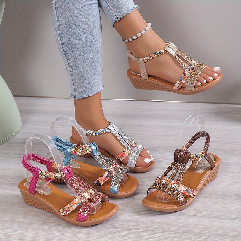 womens boho wedge sandals rhinestone braided band elastic strap slip on shoes versatile outdoor beach sandals details 0