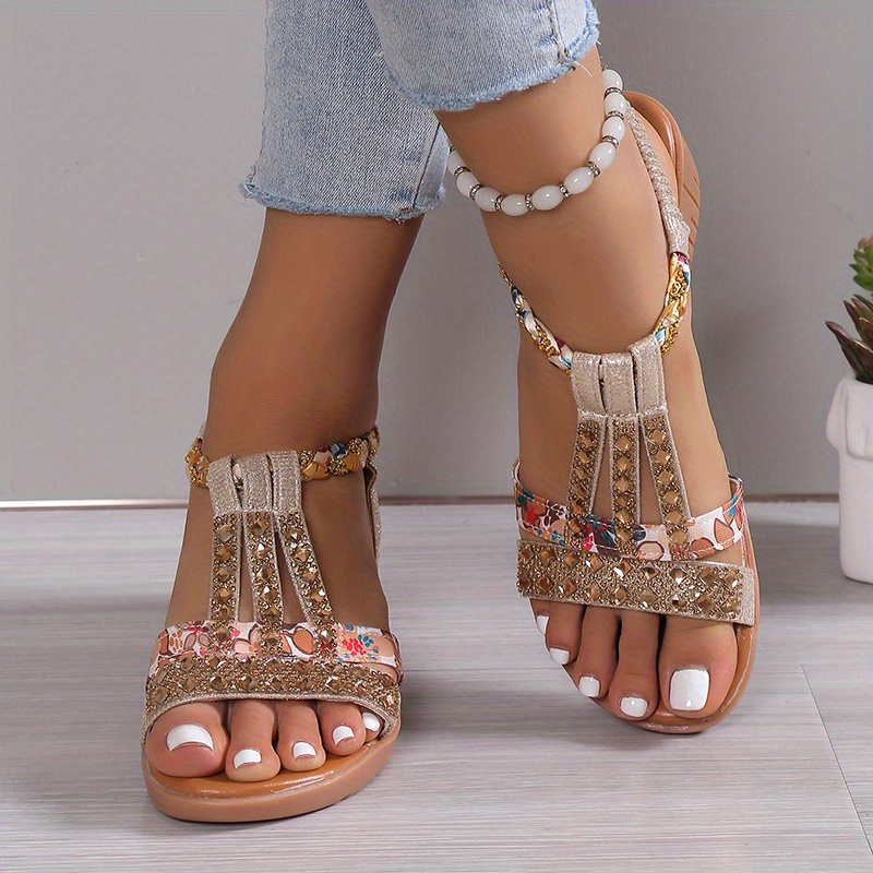 womens boho wedge sandals rhinestone braided band elastic strap slip on shoes versatile outdoor beach sandals details 3