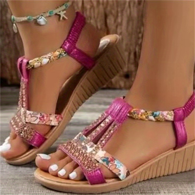 womens boho wedge sandals rhinestone braided band elastic strap slip on shoes versatile outdoor beach sandals details 10