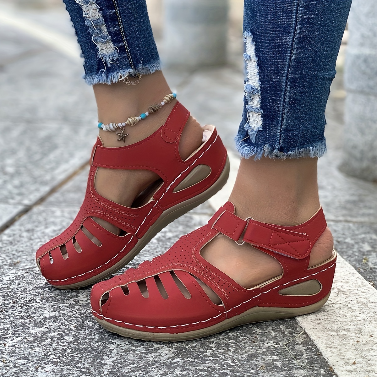 womens retro wedge sandals closed toe hollow trendy shoes casual slingback sandals details 8